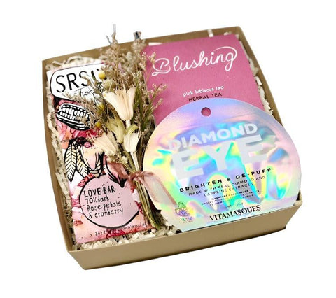 gift box for bride-to-be with chocolate bar, herbal tea and de-puffing eye mask. wedding and bridal gifts.
