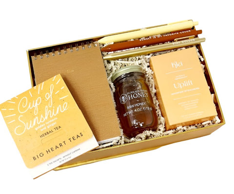 Hello, Sunshine gift box with cup of sunshine tea, ideas notepad, set of 3 pens, honey, uplift shower steamers