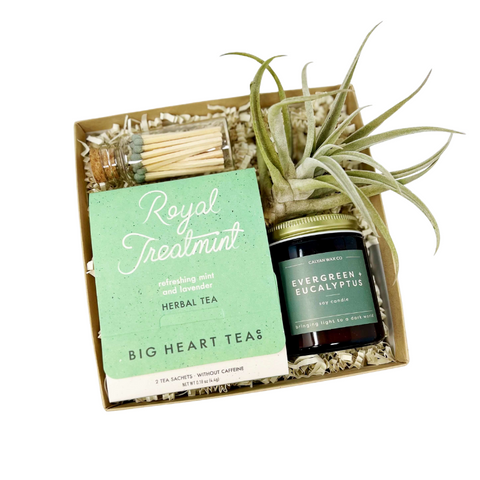 Merci Thank You Gift Box with herbal tea, sage green matches, evergreen eucalyptus candle and small air plant