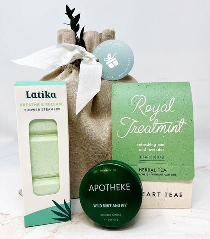 Moment of Zen Gift Bag with shower steamers, herbal tea and small mint candle