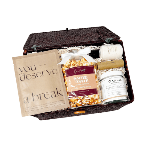 teacher appreciation gift, you deserve a break gift with facial sheet mask, popcorn, coconut milk bath soak, lavender lip balm and bergamot hand lotion