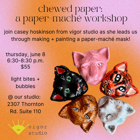 Paper-maché workshop on a purple and pink background with a circle of tiger masks