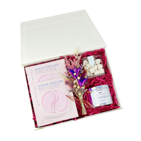 BFF Valentine's Day Galentine's Day gift box with rose eye gels, champagne flavored gummies, a BFF candle and dried floral bundle