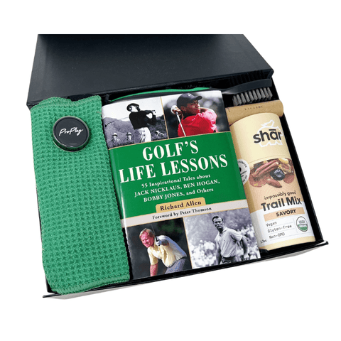 Father's Day gift for the golf enthusiast with golf's life lessons book, magnetic hand towel, club brush and groove cleaner, savory trail mix and lip balm.
