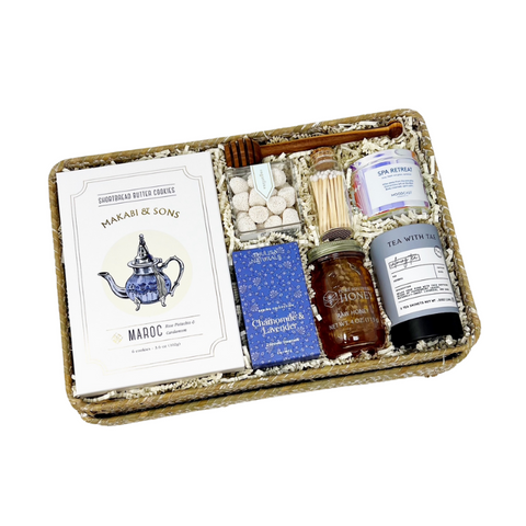 Best Mom Ever mother's day gift box with shortbread cookies, calming tea, honey, drizzle stick, lavender spa candle, matches, champagne gummies, chamomile & lavender shower steamers and a handmade dried lavender bundle