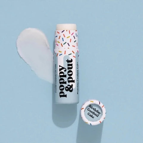 blue confetti birthday cake lip balm