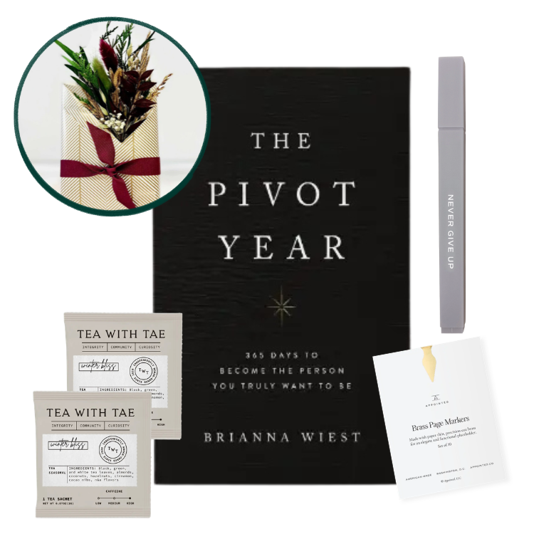 Gift Bundle with The Pivot Year book, highlighter, winter tea, a brass page marker and a handmade dried floral bundle