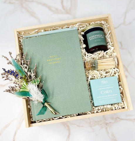 calm the chaos gift box with gratitude journal, pen, eucalyptus candle, sage green matches, calm bath bomb and dried floral bundle