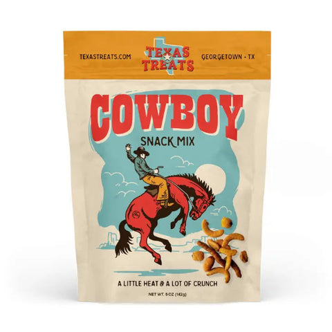 A 3 oz bag of Cowboy Snack Mix that has a little heat & alot of crunch!
Made in United States
Contains: Peanuts and Tree nuts