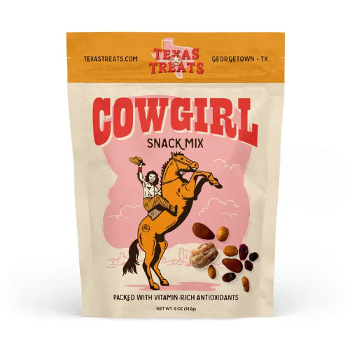 A 3 oz bag of Cowgirl Snack Mix that is packed with vitamin-rich antioxidants.

Inside you will find a mix of raisins, cranberries, salted almonds, honey peanuts, and apple pie glazed pecans. This snack is perfect for a quick energy boost that has a combination of sweet, chewy, and crunchy textures.

Made in United States Contains: Milk and Tree nuts