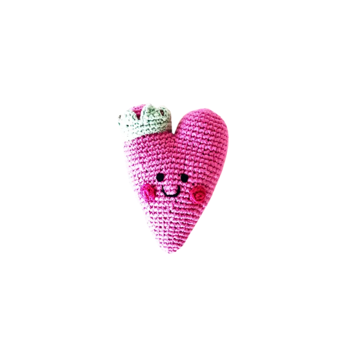 A handmade crocheted heart made with 100% cotton yarn, filled with soft stuffing, and features a gentle rattle sound to stimulate sensory development. 