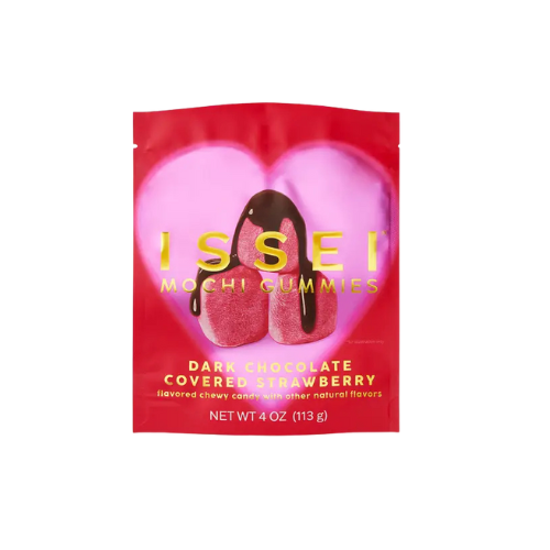 A 4oz pack of soft and chewy strawberry flavored mochi gummies covered in a rich dark chocolate. 
Contains milk. Made in the United States.