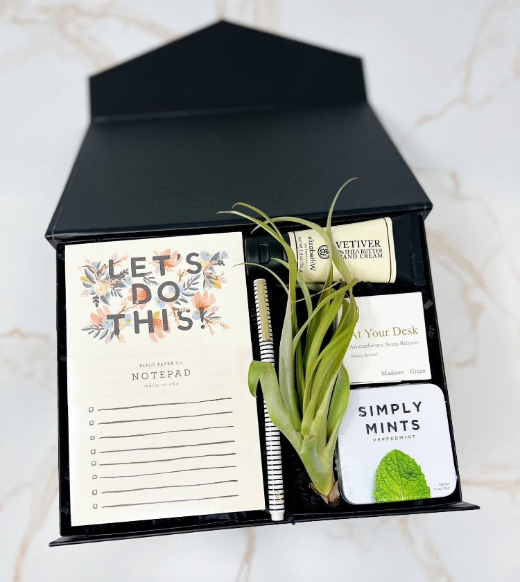 Desk Goals gift box with notepad, pen, aromatherapy inhaler, mints, lotion and a small air plant