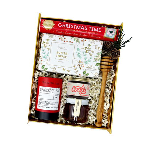 Holiday Gift box with christmas conversation cards, butter toffee pretzels, peppermint hot fudge, holiday tea, honey and honey drizzle stick.