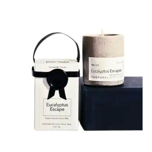 A 2 oz Eucalyptus Escape mini concrete jar candle. Infused with a harmonious blend of camphor, eucalyptus, menthol, and rosemary essential oils, this fragrance is designed to purify and revitalize your space.
100% organic soy and coconut wax with a cotton wick and a 13-hour burn time.