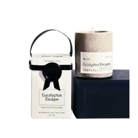 A 2 oz Eucalyptus Escape mini concrete jar candle. Infused with a harmonious blend of camphor, eucalyptus, menthol, and rosemary essential oils, this fragrance is designed to purify and revitalize your space.
100% organic soy and coconut wax with a cotton wick and a 13-hour burn time.
