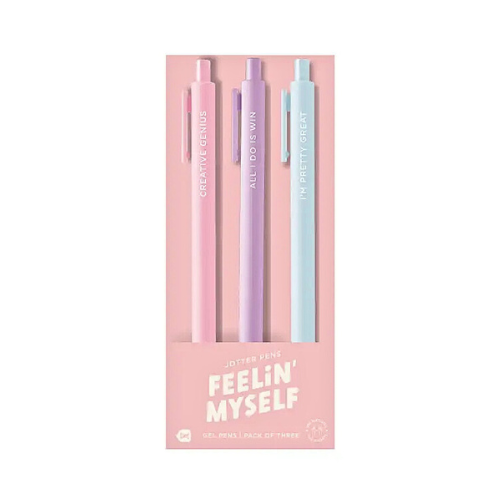 A 3 pack of soft-touch barrel surface pens with a fine-point gel tip will make this pen your new favorite. The gel ink matches the pen color! (Navy, Gold, White, Grey, and Metallic pens have black ink..) So wherever you decide to doodle, your thoughts will shine bright!
