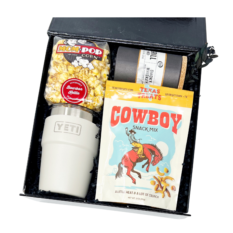 Father's day gift for him with yeti rambler, bourbon-flavored popcorn, spicy snack mix and smoky grill seasoning