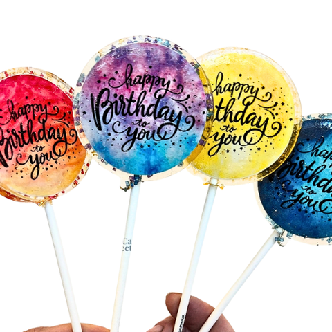 Individually wrapped Birthday Lollipops that are Birthday Cake Flavor.
All lollipops are vegan, gluten free, dairy free, and nut free.
Made in the United States 
Dimensions: 2 1/4” in diameter
Flavor: Birthday Cake
Size: 1.3 oz (36g).
Branded Stick: 6" long, 5 /32" thick
