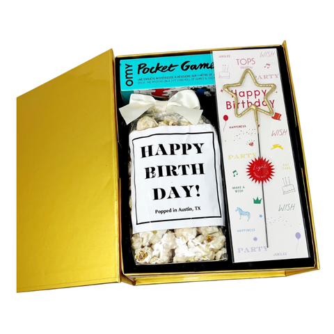 Kid's birthday Gift set with popcorn, card, pocket game and star sparkler in gold gift box