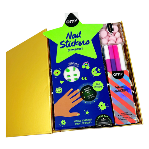 Omy nail stickers and magic markers set with sugarfina strawberry candies kid's birthday gift box