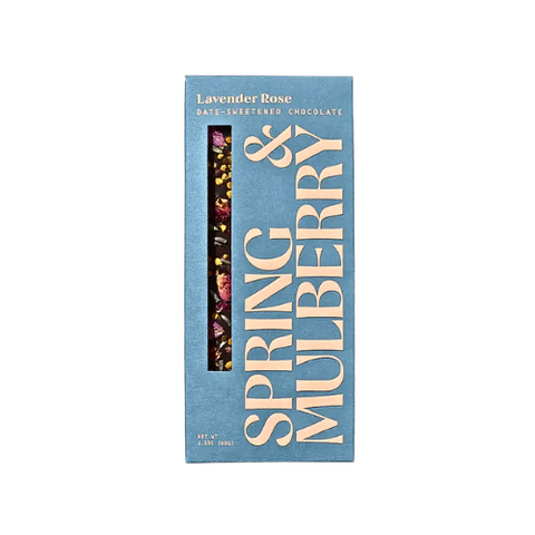 A 2.5 oz date-sweetened dark chocolate bar with a fragrant trio of wild lavender, bee pollen, and hand-picked rose petals. A subtly sweet treat reminiscent of spring with no added sugar. 