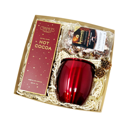 Holiday Hot Chocolate Gift Set with dark chocolate hot cocoa, red and gold mug and peppermint hot chocolate popcorn