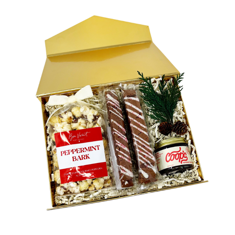holiday gift box with peppermint popcorn, peppermint fudge and peppermint chocolate biscotti cookies