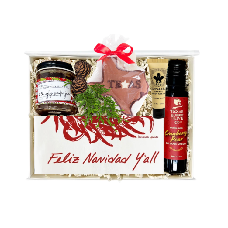 Texas themed christmas gift; texas themed holiday gift. merry texmas gift box with texas-made products
