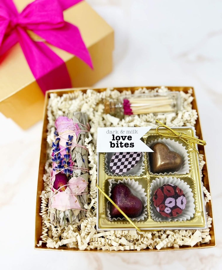 Break up Gift Box with love bites chocolate bonbons, sage smudge stick and matches