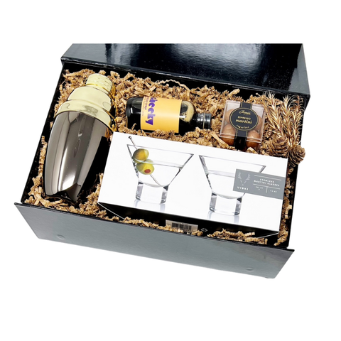 espresso martini mocktail kit with syrup, truffles, stemless martini glasses and cocktail shaker