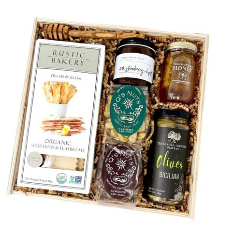 Snack Board Gourmet Food Gift Box with sourdough flatbread, strawberry chipotle jam, honey with honeycomb, honey stick, sicilian olives, garlic basil sage cashews, mexican chocolate almonds