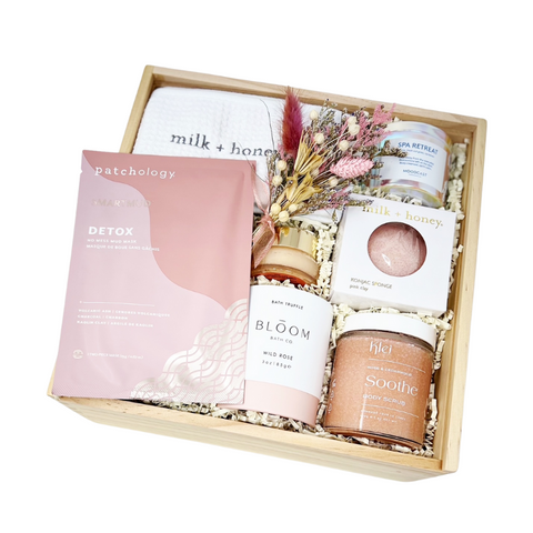 spa day gift box with detox mud face mask, headband, spa retreat candle, soothe rose clay body scrub, rose bath bomb, grapefruit lip scrub, rose clay konjac sponge