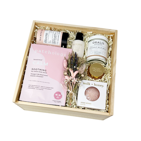 self care spa gift box with soothing face mask, hibiscus rose tea, coconut milk bath, luxurious hand cream, konjac sponge, grapefruit lip scrub and handmade dried floral bundle