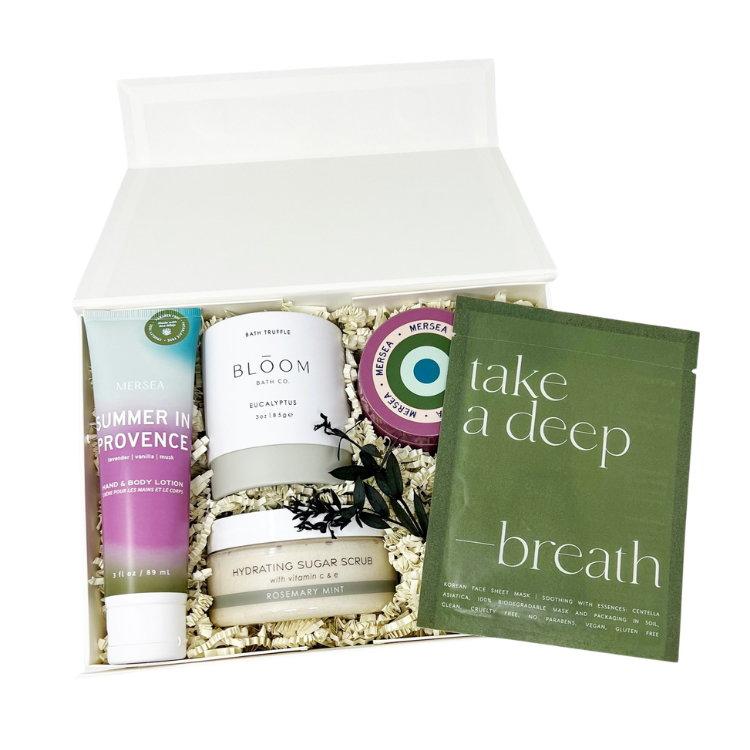 Spa Day self-care gift box with products scented with lavender, peppermint and eucalyptus