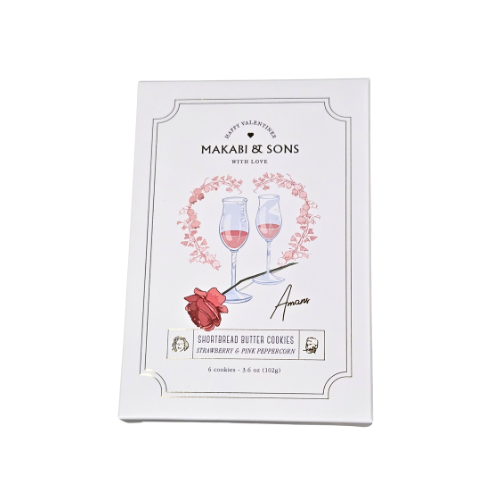 A 3.6 oz box with 6 cookies inside made from pink peppercorn and strawberry for a nice blend of sweet and spicy. 
Made in LA.