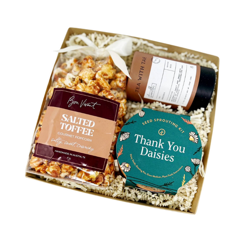 Thank You Gift with terracotta thank you daisies grow kit, salted toffee popcorn and honey rooibos tea