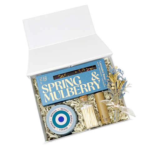 Thank you gift box with chocolate bar, travel tin candle, matches, lavender vanilla lip balm and a small handmade dried floral bundle