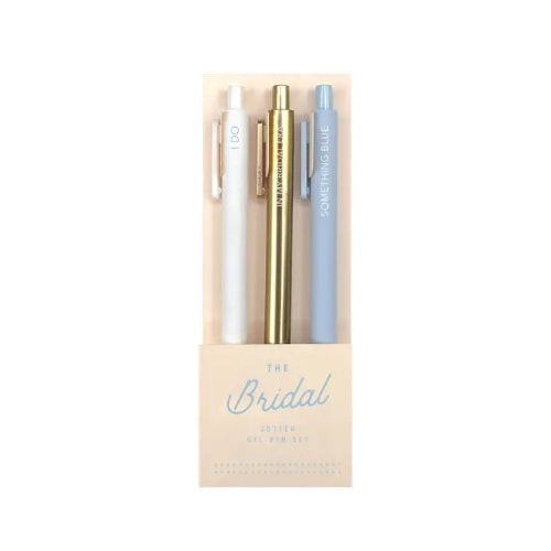 A 3 pack of soft-touch barrel surface pens with a fine-point gel tip. The colors of the gel pens are as follows, White Pen (Black Ink), Gold Pen (Black Ink), Light Blue Pen (Light Blue Ink). So wherever you decide to doodle, your thoughts will shine bright!