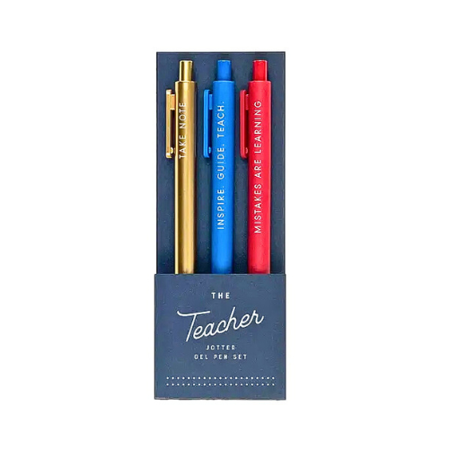 A 3 pack of soft-touch barrel surface pens with a fine-point gel tip. The colors of the gel pens are as follows, Gold Pen (Black Ink), Blue Pen (Blue Ink), Red Pen (Red Ink). So wherever you decide to doodle, your thoughts will shine bright!