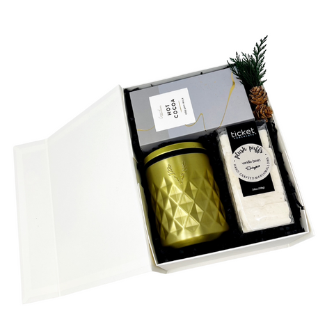Holiday gift box with insulated cup, hot cocoa and vanilla marshmallows